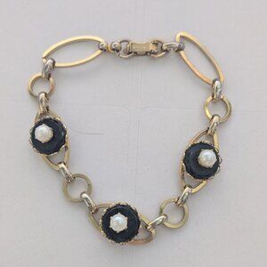 Vintage STAR Gold Tone Genuine Pearl Faceted Black Resin Bracelet